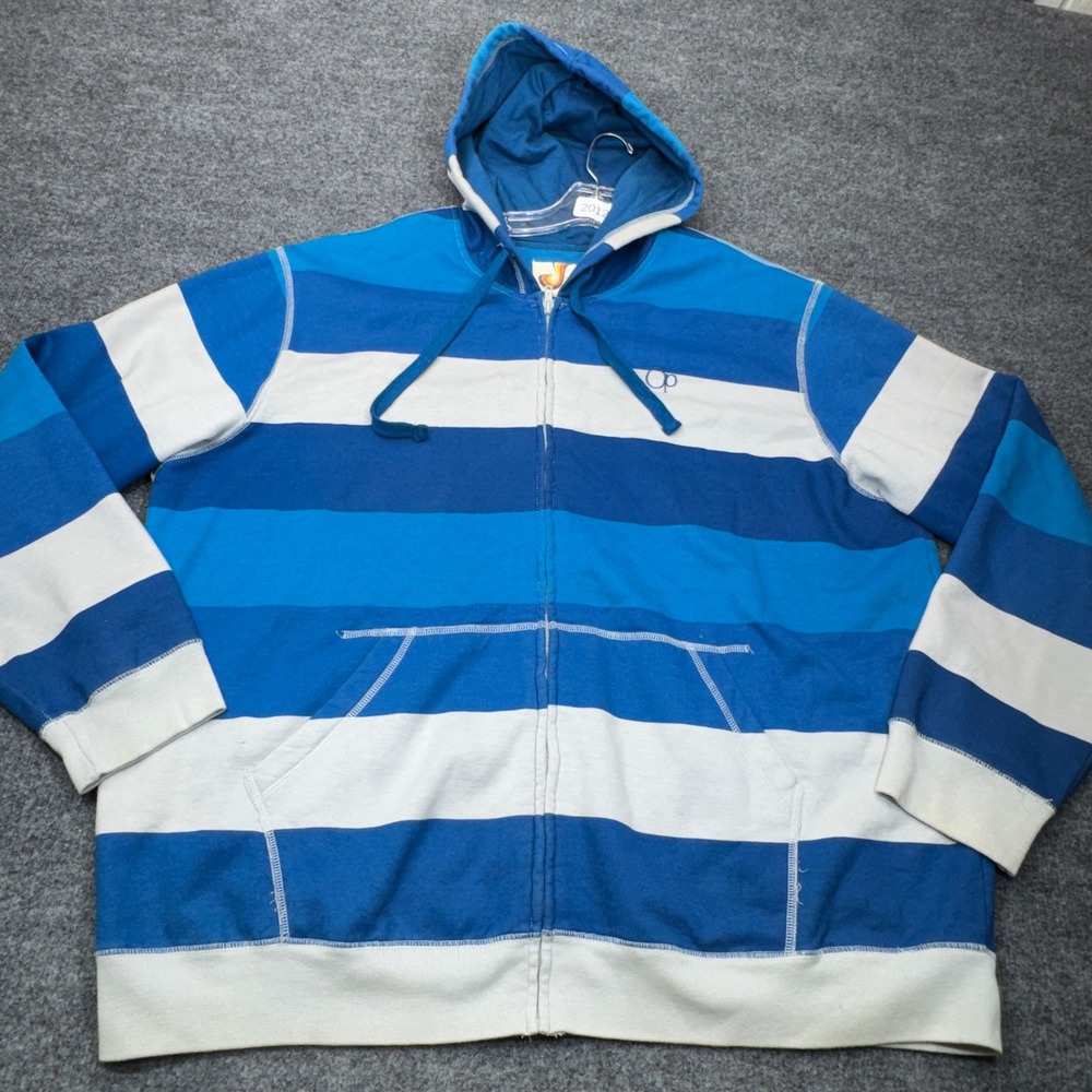 OP Ocean Pacific Hoodie Mens 2XL Blue Striped Full Zip Surf Skate Retro Fleece
